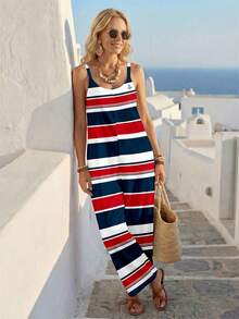 EMERY ROSE Bộ áo liền quần ống rộng in họa tiết neo và sọc kẻ kiểu Ý dành cho nữ, thích hợp cho kỳ nghỉ biển, du lịch biển, du thuyền, lễ hội âm nhạc, hòa nhạc, đám cưới, du lịch thành phố, đảo, áo khoác ngoài mùa hè không tay. - Nhiều màu - Xem 4