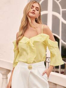 Amorya Áo hai dây trễ vai xếp ly thanh lịch mới dành cho nữ, màu vàng trơn, thích hợp mặc hàng ngày. - Màu vàng - Xem 6