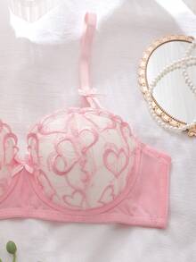 Valentine's Day Heart Embroidery Pink 3/4 Cup Padded Underwire Bra With Coquette Ruffle Bow, Cute & Romantic Gift For Women - Pink - View 5