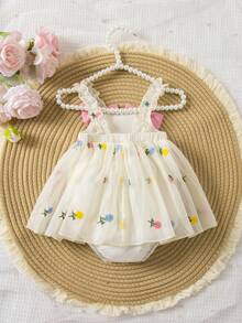 SHEIN Baby Girl Cute & Elegant Apricot Bowknot Strap Romper, Summer - Apricot - View 3