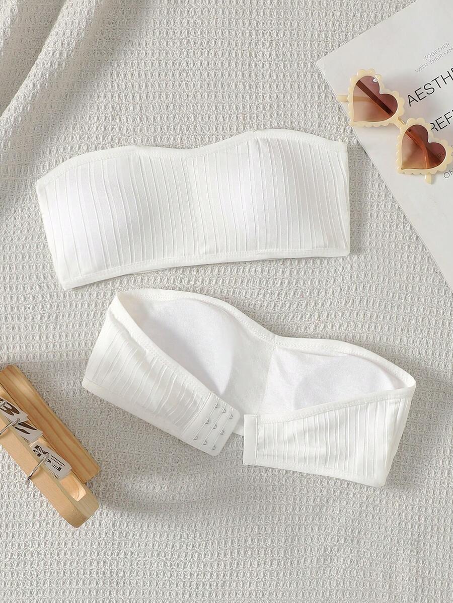 SHEIN 2pcs/Set Tween Girls' Minimalist Comfortable Padded Soft Skin-Friendly Camisole Bra Set, White Tube Top With Bra, White Tube Tops, Tube Top Set, Strapless Bandeau Bra, 2 Pcs Tween Girl Knitted Ribbed Tube Top Camisole Set - White - View 1