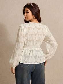 Elaquor Blusa feminina plus size com mangas bufantes franzidas, cintura franzida e barra com babados. - Damasco - Ver 2