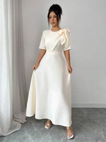 Elenzga Vestido maxi de línea A de manga corta con cuello redondo, cintura ceñida y decoración de lazo, elegante, casual, para ir al trabajo, vacaciones y romántico, para primavera/verano - Albaricoque - Ver 7