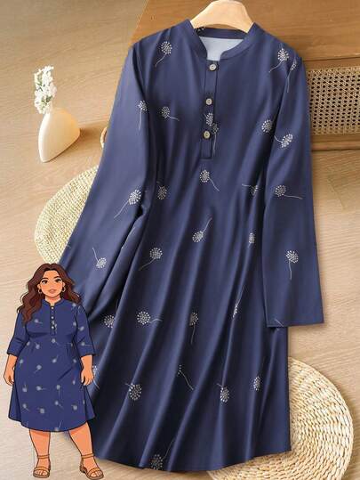 EMERY ROSE Plus Size Women's Summer Casual Vacation Country Floral Print Navy Blue Long Sleeve Short Dress,Early Spring,Spring Break Outfits ,Vacation Outfits Women ,Holiday Outfits For Women,Spring Clothes Women,Going Out Outfits,2026 New Clothes,Simple And Fashionable For Everyday Wear,Sun Dresses For Women,Sundress,Flowy Dress,Holiday Outfits Boho