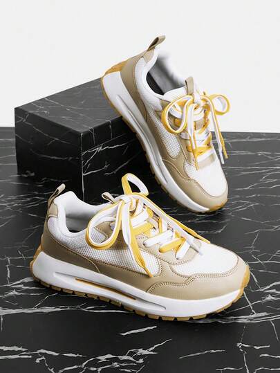 Vate 女士透气缓震厚底运动鞋，撞色系带厚底休闲鞋，适合日常穿着、旅行、春夏，白色网面运动鞋