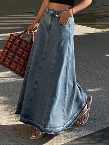 DAZY 女士宽松休闲牛仔裙，春夏度假时尚设计 - 藍色 - 查看 4