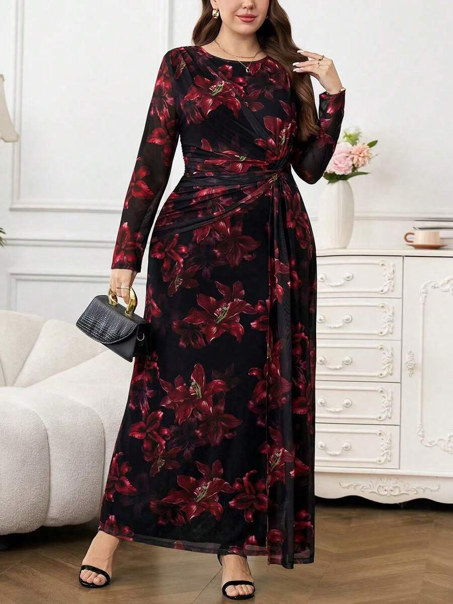 Reflora 大码女式优雅印花扭结前襟连衣裙 - 彩色 - 查看 1
