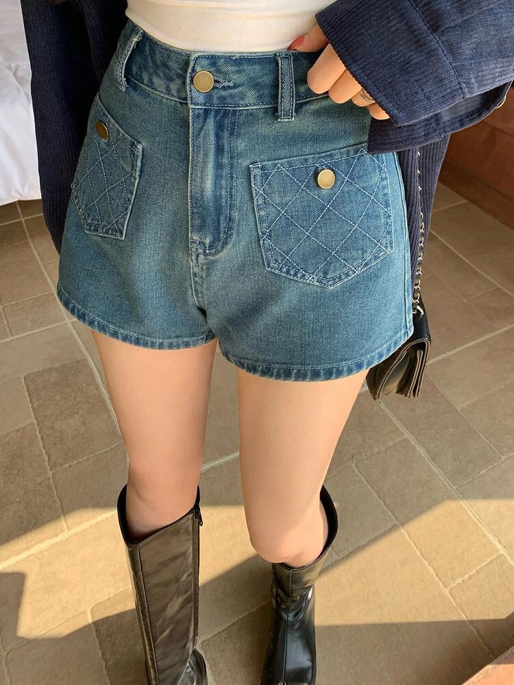 Western Cowgirl Style Straight Leg Short Pocket Casual Vacation Denim Shorts For Women, Summer Jorts