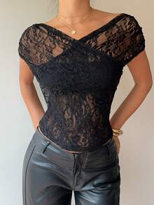Siren Gaze Women's Elegant Black Floral Lace Top,Summer Night Out Off-Shoulder Fitted Blouse,See Through Stylish Lacey T-Shirt,New Solid Color Tops - Black - View 7