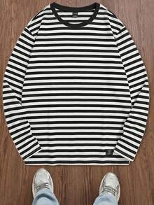 SWAVVY Casual White And Black Striped Drop Shoulder Long Sleeve T-Shirt For Men Knitted Fabric Round Neck Men Striped T Shirt Striped Shirts Striped Long Sleeve Mens Long Sleeve - White - View 5