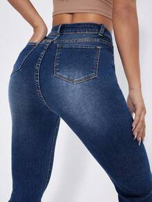 SHEIN EZwear Quần jeans ống loe cạp cao màu xanh denim đã giặt - Rửa nhẹ - Xem 2