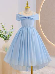 Tween Girls' Elegant Blue Sleeveless Chiffon Fitted Dress, Suitable For Evening Party, Christmas, Halloween, Wedding, Prom, Vacation, Graduation Season And Other Occasions - Blue - View 3