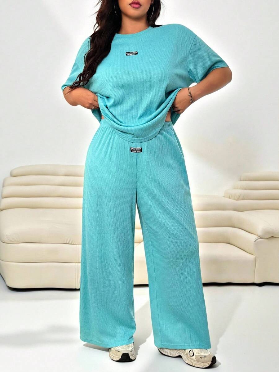 Solflare 2 件套大码纹理针织开衫上衣和宽松长裤休闲装 - 水鴨藍 - 查看 1