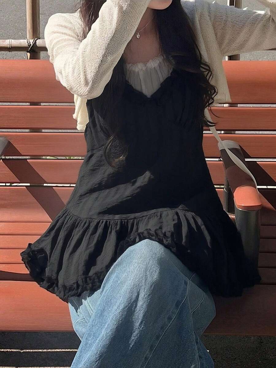 FRIFUL 女士白色细肩带荷叶边下摆100%纯棉吊带背心,甜美风格,春夏款 - 黑色 - 查看 1