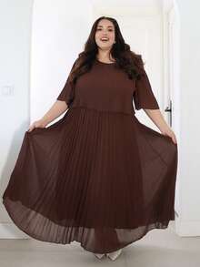 Pretty and Ole Plus Size Solid Color Elegant Lady-Like Chiffon Pleated Dress, Spring/Summer Chocolate Brown Dress Brown Long Dress Elegant Brown Maxi Dress Pleated Maxi Dress Brown Pleated Dress - Coffee Brown - View 1