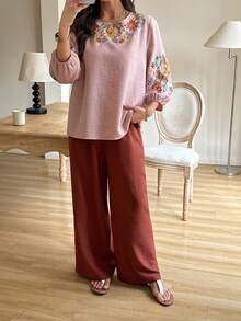 Vivie Lora 女士宽松休闲撞色两件套夏季家居服套装 - 粉色 - 查看 2