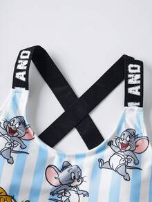 TOM & JERRY X SHEIN Tween Girl Cartoon Print Casual Jumpsuit Swimsuit - Blue and White - View 3