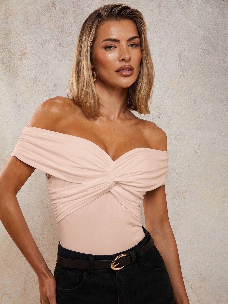 COSMINA Women's Solid Color Off-Shoulder Twist Design Bodysuit - Baby Pink - View 1
