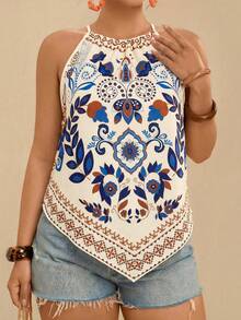 Travachic 大码波西米亚风休闲度假沙滩吊带露肩印花吊带背心女装 - 杏色 - 查看 1