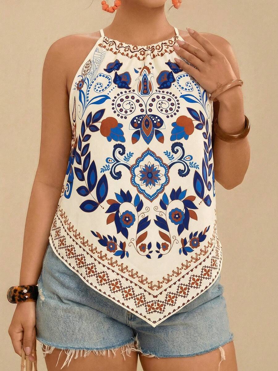 Travachic 大码波西米亚风休闲度假沙滩吊带露肩印花吊带背心女装 - 杏色 - 查看 1