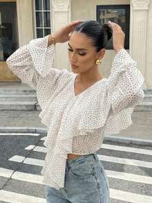 Lumalex 早春波点V领荷叶边多层喇叭袖雪纺宽松上衣，适合女士度假、生日、婚礼等场合，是浪漫日间派对、夏季假日、海滩度假、奢华造型、舞会、聚会、宴会、低调奢华、富贵典雅、锐舞派对、音乐节等场合的理想之选。 - 白色 - 查看 1