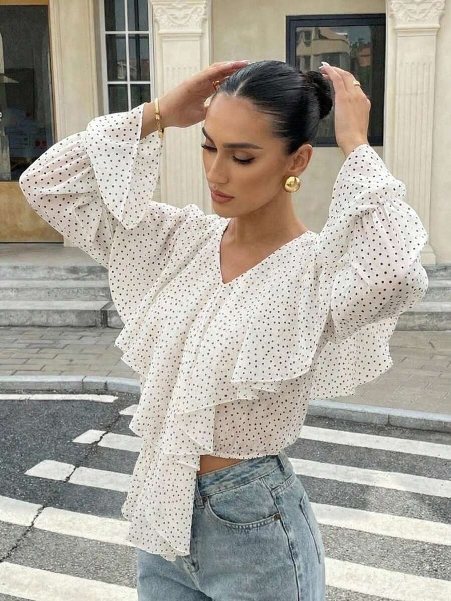 Lumalex 早春波点V领荷叶边多层喇叭袖雪纺宽松上衣，适合女士度假、生日、婚礼等场合，是浪漫日间派对、夏季假日、海滩度假、奢华造型、舞会、聚会、宴会、低调奢华、富贵典雅、锐舞派对、音乐节等场合的理想之选。 - 白色 - 查看 1