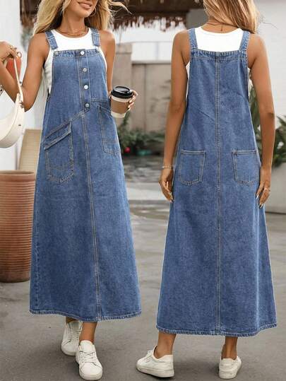 EMERY ROSE 여성용 솔리드 컬러 포켓 버튼 캐주얼 데님 점프수트 드레스