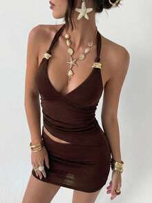 Aloruh Đầm ngắn ôm dáng dự tiệc dành cho nữ, cổ chữ V sâu, đính kim loại, thích hợp cho mùa xuân/hè. - Màu tím - Xem 4