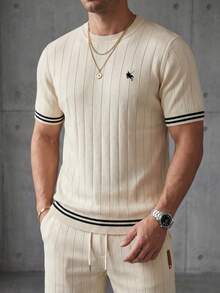 Airaco 夏季庆典季男士刺绣米色条纹针织Polo衫，街头休闲舒适装扮 - 杏色 - 查看 1
