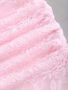 Sweetra Women's Elegant Commuting Daily Wear Pink Sexy Sheer Lace Mini Dress, Boat Neck, Bow Tie Waist, Ruched Waist, Tiered Skirt, Suitable For Summer Party And Occasions - Pink - View 5