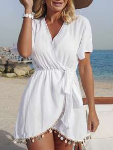 Váy đi biển nữ Swim Vcay bằng ren và vải voan mỏng, tay áo cánh dơi, viền ren trang trí hình vỏ sò. - trắng - Xem 1