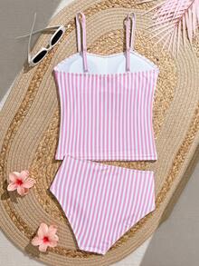 SHEIN Tween Girls 2 Pieces Tankini Swimwear Set, Pink & White Striped Spaghetti Strap Top And Ruched Waist Striped Triangle Bottoms, Y2K Cute Vacation Style Suitable For Swimming, Surfing, Holiday, Beach - Pink - View 2
