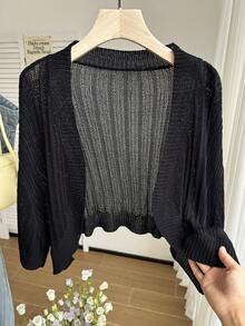 Comfortcana Plus Size Women Solid Color Drop Shoulder Open Front Loose Cardigan,Spring/Summer New Arrival Black Cardigan Bolero Shrug Open Front Top - Black - View 6