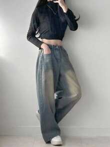 DAZY 女式宽松插袋阔腿休闲牛仔裤，宽松牛仔裤 - 中等水洗藍 - 查看 4