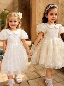 SHEIN Glamorique Kids 女童碎花腰部蓬蓬薄纱连衣裙，优雅派对礼服，泡泡袖设计，适合所有季节 - 杏色 - 查看 10