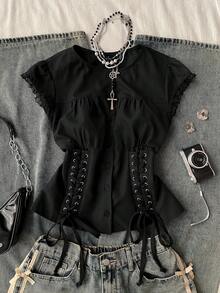 Attitoon 女士休闲复古系带褶皱修身衬衫，适合Y2K风格 - 黑色 - 查看 2