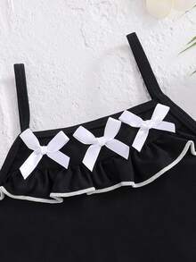 SHEIN 夏季女童蝴蝶结装饰无袖撞色滚边吊带露脐比基尼上衣 - 黑色 - 查看 3