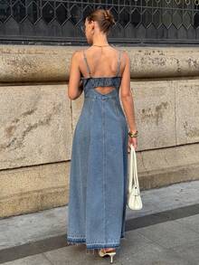 Siren Gaze Đầm denim nữ không tay, thắt eo, kiểu dáng thường ngày, thích hợp cho mùa hè. - Rửa nhẹ - Xem 4