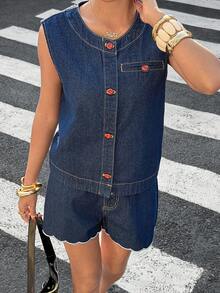 Siren Gaze Women's Casual Denim Vest And Shorts Set, Summer - Medium Wash - View 2