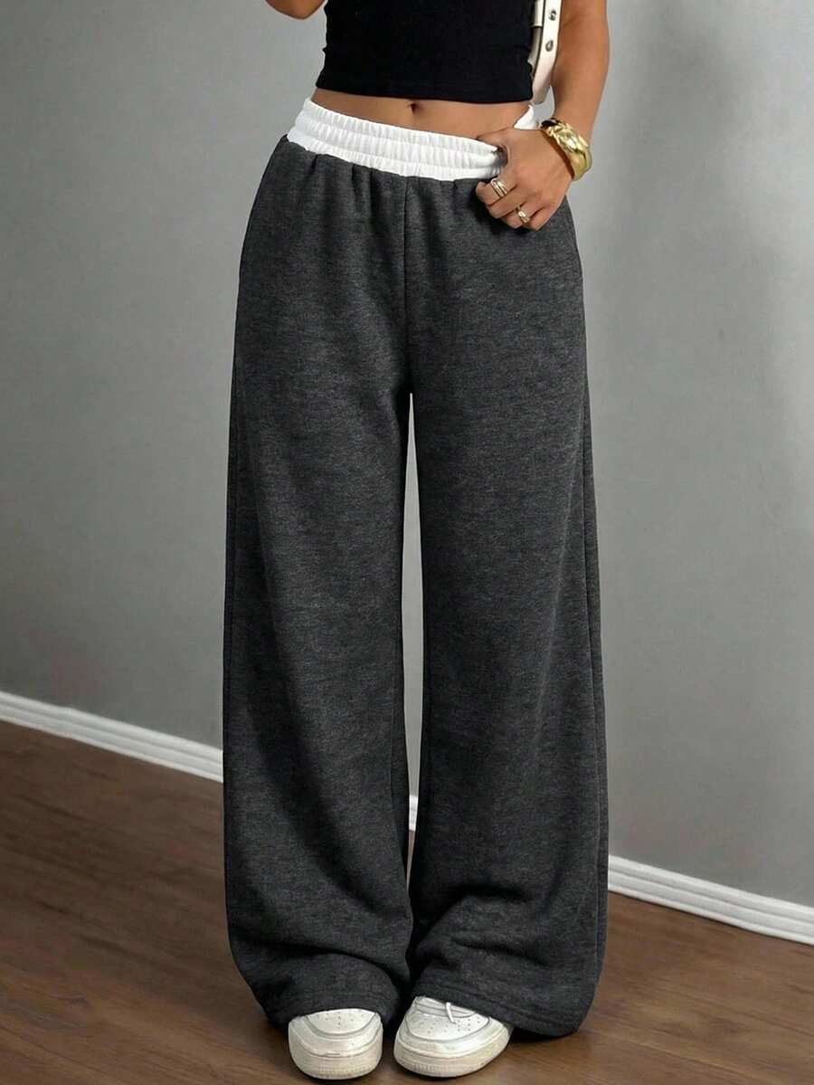 SHEIN 少女休闲宽松运动裤，松紧腰，阔腿设计，撞色拼接，适合春、夏、秋、冬四季穿着，也是开学季的理想选择。 - 彩色 - 查看 1