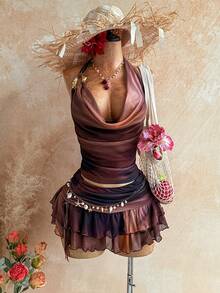 Soleia Women's Retro Draped Neck Top And Ruffle Hem 2 Pieces Set, Summer Vacation - Multicolor - View 1