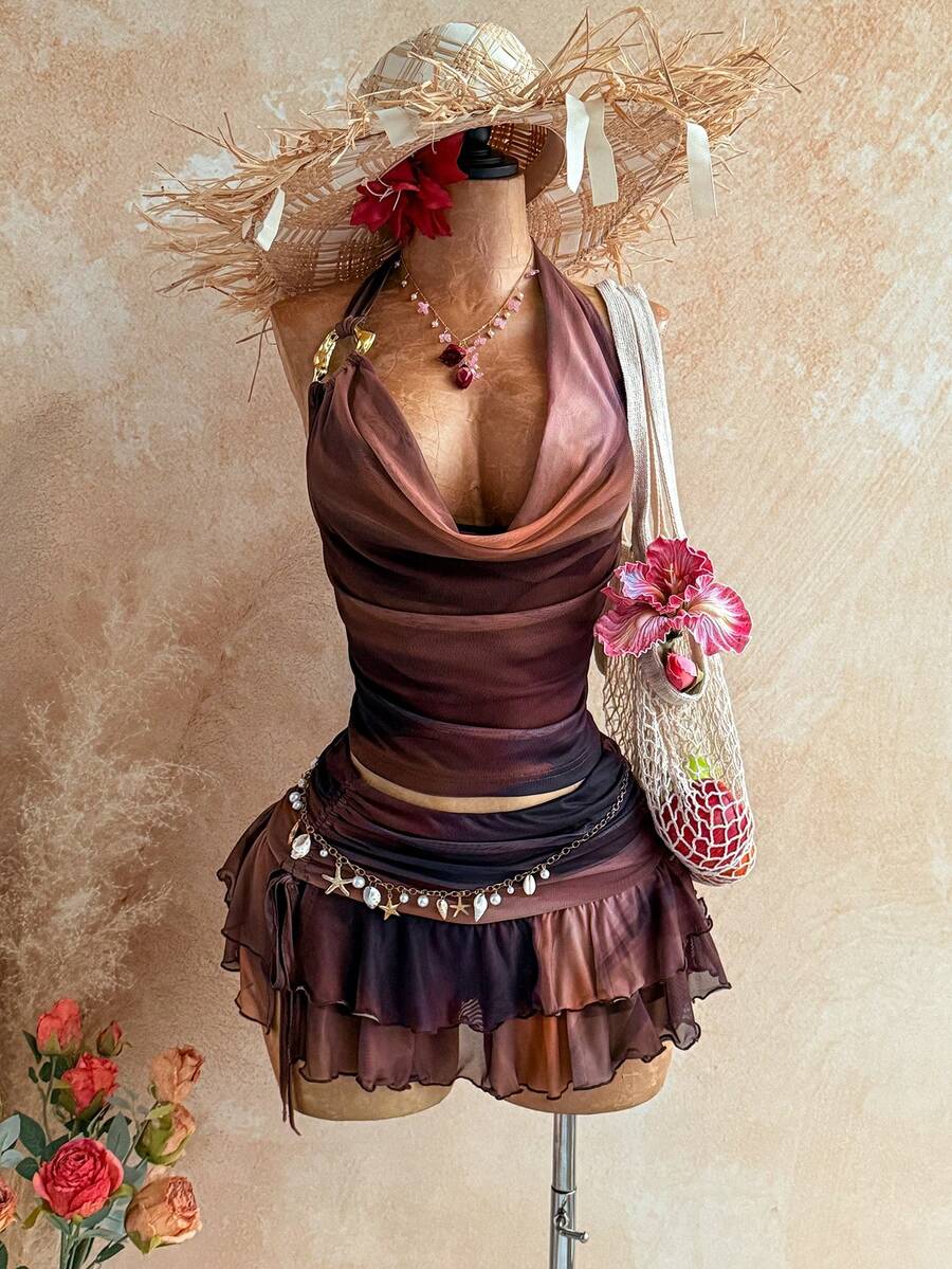 Soleia Women's Retro Draped Neck Top And Ruffle Hem 2 Pieces Set, Summer Vacation - Multicolor - View 1