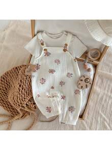 Loomiva Newborn Baby Girl Floral Print Strap Romper & Pants Set, Versatile & Comfortable,Kids - Apricot - View 10