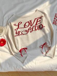 SHEIN EZwear Spring Letter Jacquard Knit Pullover Sweater - Apricot - View 5