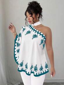 SHEIN Elenzya 大码不对称肩部系带印花衬衫 - 青檸色 - 查看 3