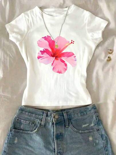 1件少女短款圆领碎花T恤，度假休闲风，可爱百合花简约设计，适合春夏穿着
