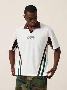 STYNVO Camisa polo de manga corta casual y versátil para hombres con bloqueo de color e impresión de letras, camisa retro para hombres, camisa polo de estilo universitario, camisa de bolos para hombres, camisa polo para hombres - Multicolor - Ver 4