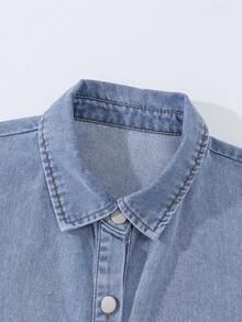 Tween Girl Collared Single-Breasted Pleated Casual Vacation Everyday Denim Dress - Light Wash - View 6