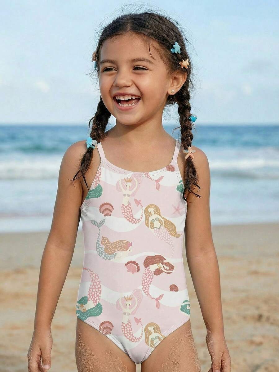 女童美人鱼印花连体泳衣，舒适针织面料，适合海滩度假和夏季穿着 - 彩色 - 查看 1