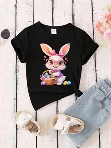 Camiseta casual de manga corta y cuello redondo con estampado de conejo de dibujos animados para niñas jóvenes - Albaricoque - Ver 3